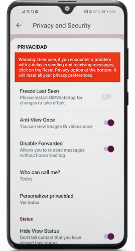 Panel de privacidad de WhatsApp Plus: congelar última vez y anti-view once